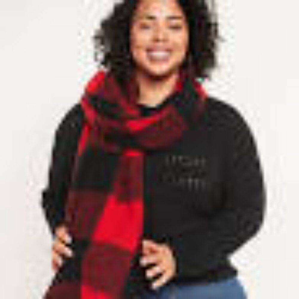 Old Navy Red and Black Buffalo Plaid Blanket Scarf Fringe Hem 26 x 75 Soft - Picture 2 of 14